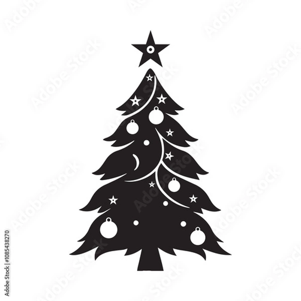 Fototapeta Silhouette of a Christmas tree with branches adorned with ornaments and a shining star on top.