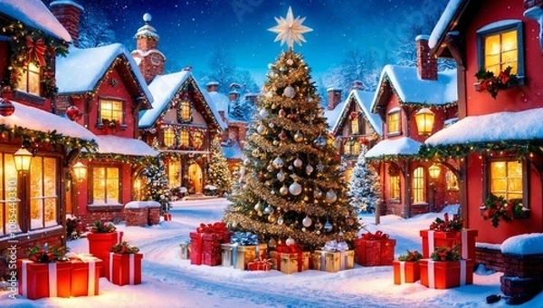 Obraz A cozy winter wonderland scene, set in a snow-covered village, with festive decorations and twinkling lights adorning the buildings and streets