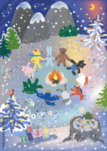 Fototapeta Art poster. Forest animals dance around a campfire at night in the forest. Vector