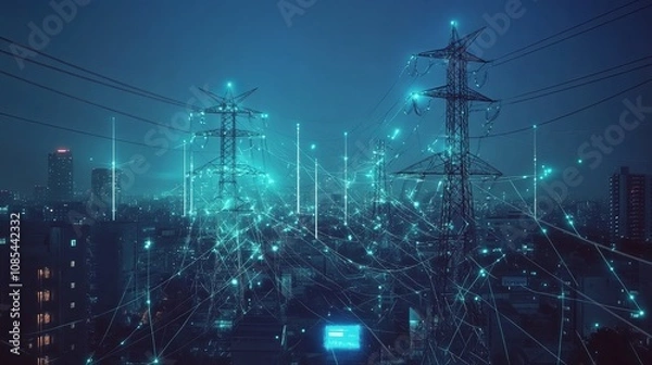 Obraz High-power electricity poles in an urban area connected to a smart grid provide energy supply and distribution, transmitting energy through high-voltage lines. 
