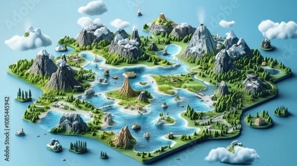 Fototapeta 3D Isometric Tourism Map: Planning and Development of Scenic Routes