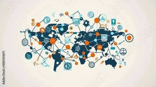 Fototapeta stock infographic of Interactive global business network, interconnected and digital, midday, modern info graphic