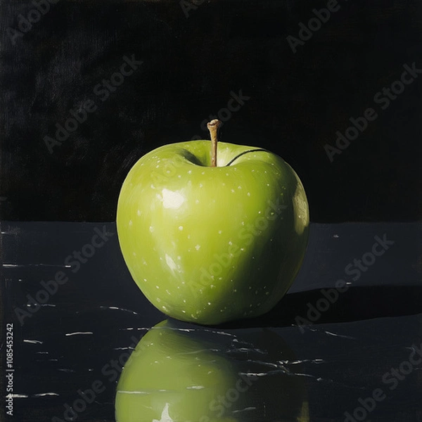 Fototapeta A single green apple on a glossy black surface with light reflections
