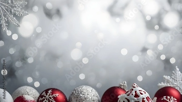 Fototapeta elegant Christmas-themed background with ornaments, shimmering red, white, and pink baubles in the foreground, glittery snowflakes and bokeh lights 
