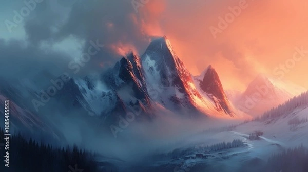Obraz A mountain range in the style of fantasy concept art, with misty mountains covered in snow and ice. An orange glow emanates from behind one peak, which has fire at its summit