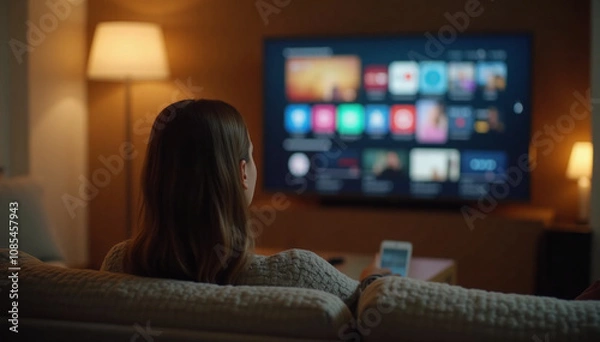 Fototapeta A behind-the-view shot of a woman sitting on a cozy sofa, using her home smart TV to browse OTT content