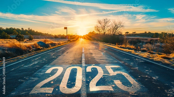 Obraz Road to 2025: A New Year Sunrise Symbolizing Future Opportunities, Goals, and Ambitions for Success and Growth on the Journey Ahead