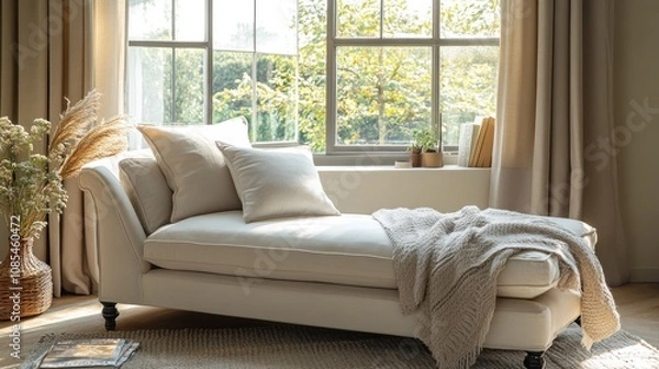 Fototapeta Cozy chaise lounge by a window with natural light.