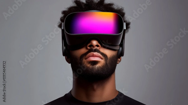 Fototapeta Young man wearing a colorful AR headset, gazing upward against a gray background. Concept of futuristic technology. For technology ads