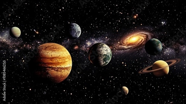 Fototapeta The solar system with all planets and the Milky Way galaxy in space. The sun, planet Earth, Mars, Jupiter, Saturn, Neptune, and the first brown dwarf star