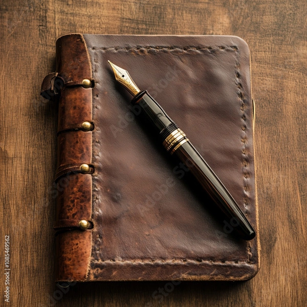 Obraz A classic fountain pen lying next to a closed leather journal