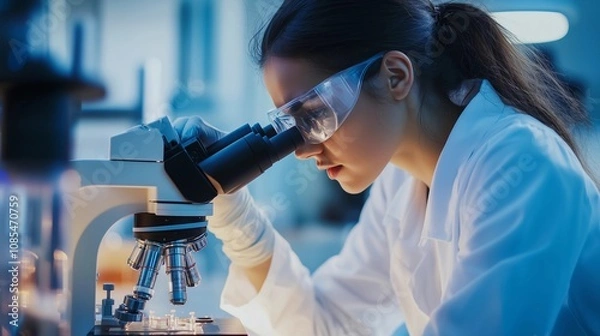 Fototapeta A female scientist in a white coat using a microscope at a lab, close-up side view. A young woman is working with a microscope and doing research for medical science. Close-up of the head of an