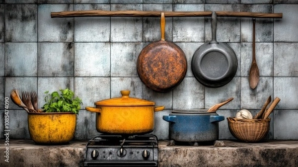 Fototapeta A rustic kitchen scene featuring colorful pots, pans, and utensils displayed on a wooden shelf against a textured wall.