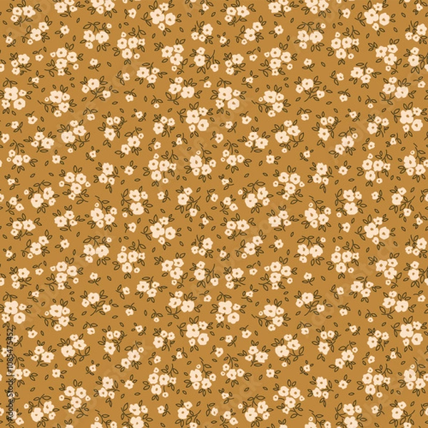 Obraz Elegant floral pattern in small hand draw flowers. Liberty style. White flowers, gold background. Floral seamless background for fashion prints. Vintage print. Seamless vector texture. Spring print