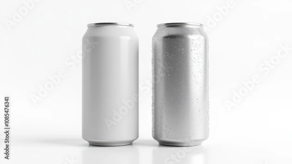 Fototapeta Realistic soda can mockup featuring two cans, matte and condensation-covered, with reflective metallic surfaces for cold beverage designs.