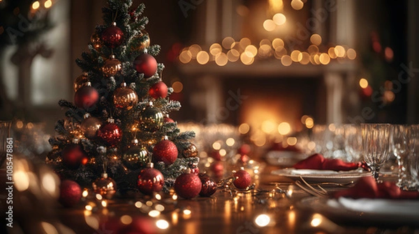 Fototapeta A small Christmas tree decorated with red and green ornaments, surrounded by festive lights and a warm holiday glow.
