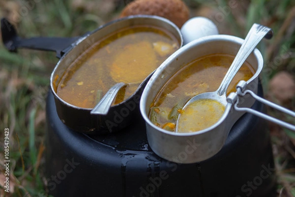 Obraz Cooked soup in a camping pot. Snack in the forest: soup, chicken egg and a piece of bread