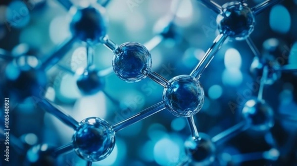Fototapeta Blue background with a complex carbon metal structure, close-up of carbon molecules in the foreground, stock photo style