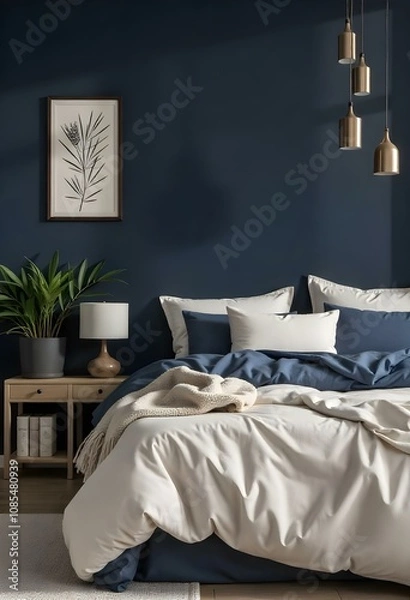 Fototapeta A cozy and modern bedroom with a dark blue accent wall, a large white bed with plush bedding, and a wooden nightstand with a lamp.