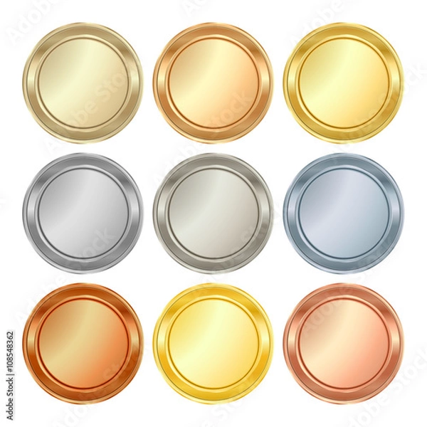 Obraz Wektor zestaw pustych szablonów różnych rodzajów złota, platyny, srebra, brązu, miedzi, które mogą służyć jako etykiety, guziki, monety, medale