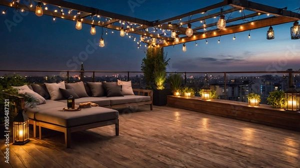 Obraz Roof terrace of a beautiful house with night-time view of the city. View over cozy outdoor terrace with outdoor string lights and lanterns