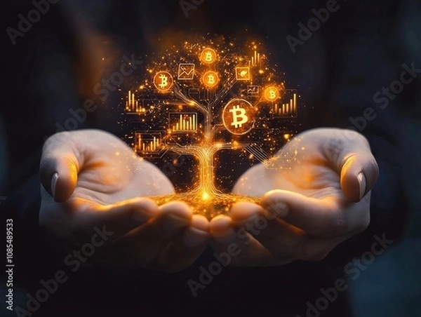 Fototapeta Glowing Digital Investment Portfolio Symbolized by Cupped Hands Holding Cryptocurrency Tree with Financial Charts