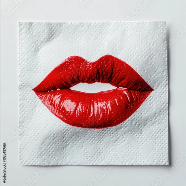 Fototapeta Red lipstick mark on white napkin, symbolizing beauty and elegance