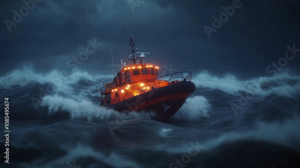 Fototapeta Rescue boat braving stormy seas with large crashing waves under a dark cloudy sky, bright lights shining through turbulent weather. Coastal safety and emergency response concept.

