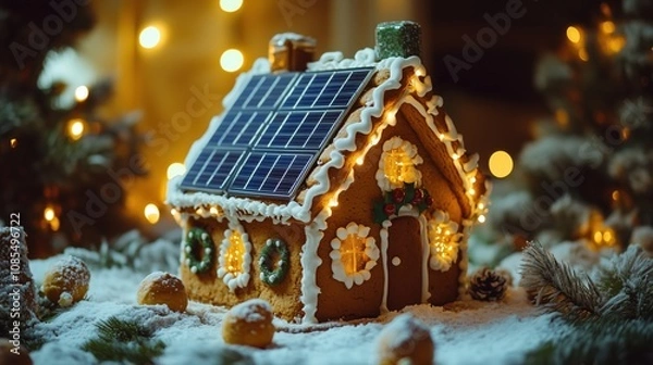 Fototapeta Gingerbread house with solar panel on the roof