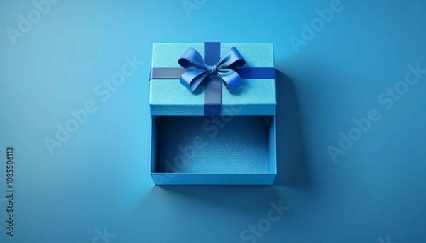 Fototapeta blank open blue gift box with blue bottom inside or top view of opened blue present box with blue ribbon and bow isolated on blue background with shadow minimal concept 3d rendering