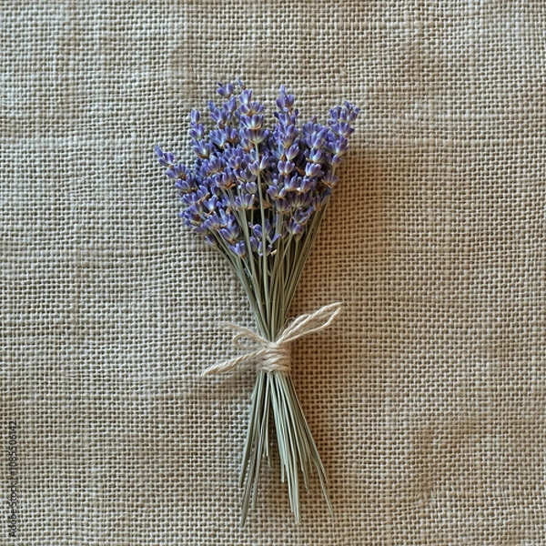 Obraz A bouquet of dried lavender tied with twine, lying on a burlap cloth