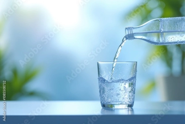 Fototapeta Refreshing Water Pour  Glass  Bottle  Hydration  Health