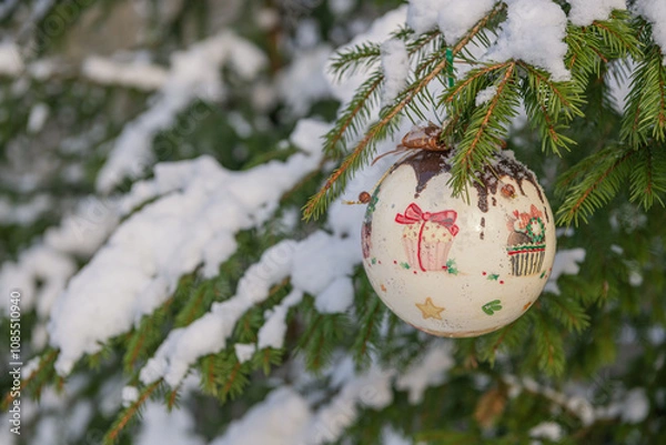 Obraz Christmas bauble hanging on a Christmas tree covered in snow