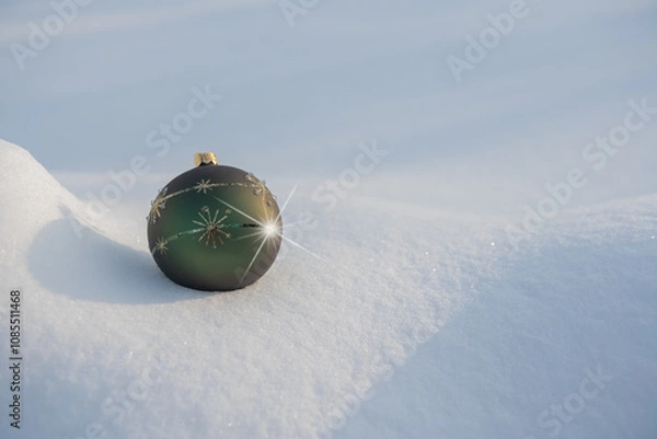 Obraz A green bauble with gold decorations lying on white natural snow  with star on a sunny frosty day.