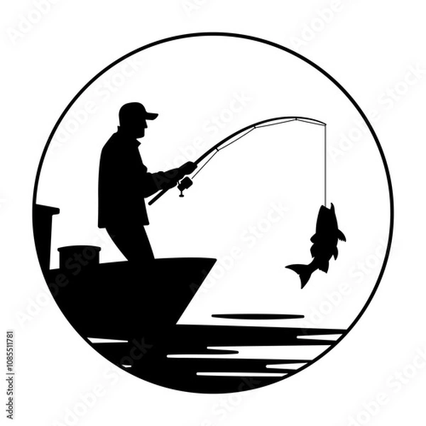 Obraz Silhouette graphic of a fisherman on a boat