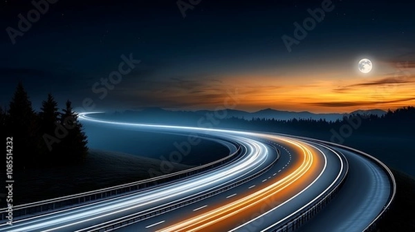 Fototapeta A time-lapse photo of a busy highway with car lights moving in a continuous flow, showing the forward momentum of both vehicles and life itself, representing the constant motion of time. Ultra-Realist