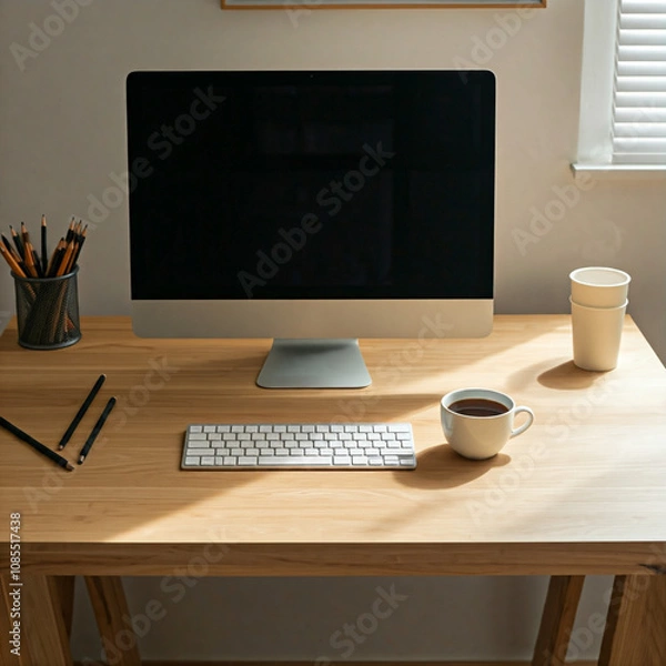 Fototapeta Mesa de trabalho com computador e café.