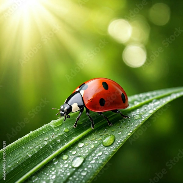 Fototapeta Joaninha na floresta com chuva.