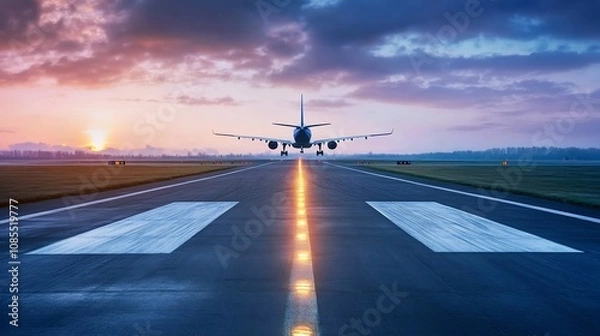 Fototapeta Empty Airport Runway Under Maintenance with Stunning Sunset Skies