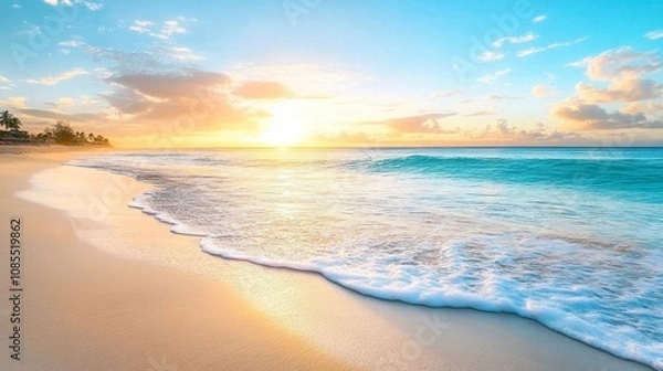 Fototapeta Tranquil Sunset Over Serene Beach with Gentle Waves and Clear Blue Sky Reflecting Warm Golden Light on Soft Sandy Shoreline