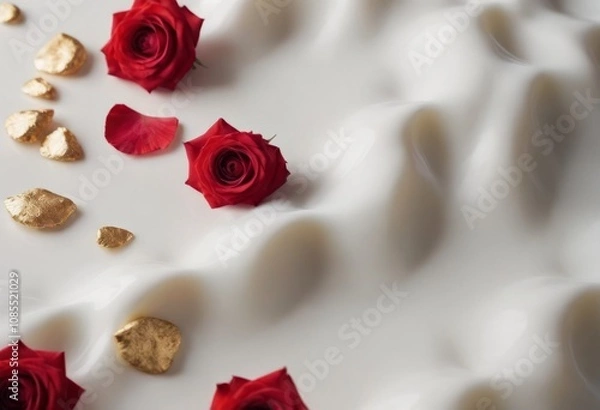 Fototapeta White milk with red roses and golden hearts on a white background., AI generated