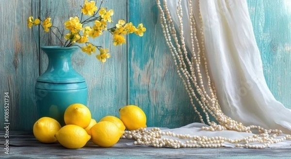 Obraz Still life with lemon, yellow flowers, and a blue vase on a wooden table in front of a light turquoise wall