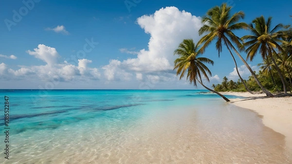Fototapeta Beautiful beach with palms and turquoise sea