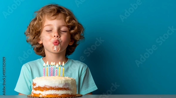Fototapeta Boy blowing out candles on a birthday cake against blue background.