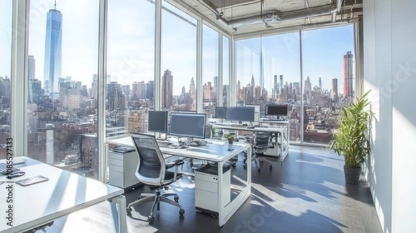 Fototapeta Modern corporate workspace with glass walls, white desks, office chairs, and cityscape views