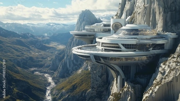 Fototapeta A futuristic space station perches on the edge of an ancient mountain range, with sleek white and silver architecture that blends seamlessly into its surroundings