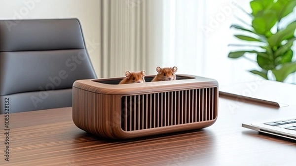 Obraz Charming wooden hamster cage with playful chinchillas on a sleek desk in a modern living room setting