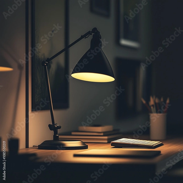 Fototapeta A modern desk lamp illuminated in a dark room