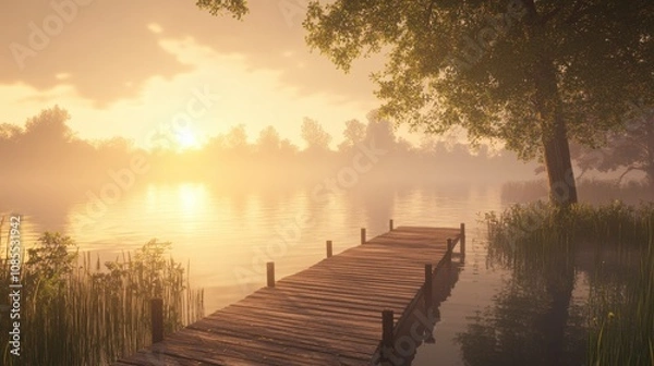 Obraz Serene Sunrise Over a Tranquil Lake with a Wooden Dock Surrounded by Lush Greenery and Misty Waters, Creating a Peaceful Outdoor Atmosphere