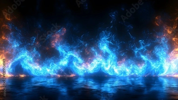 Fototapeta Electric blue flames dancing against black background, creating mystical fire wall effect with ethereal glow and supernatural atmosphere on reflective surface.